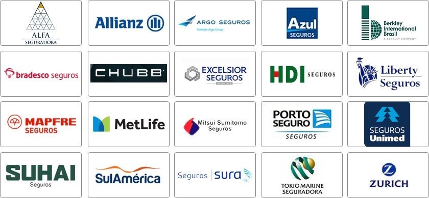 Alfa, Allianz, Amil, Argo, Azul, Berkley, Bradesco, Chubb, Excelsior, HDI, Liberty, Mapfre, Metlife, Mitsui, Porto, Seguros Unimed, Suhai, Sul America, Sura, Tokio, Zurich